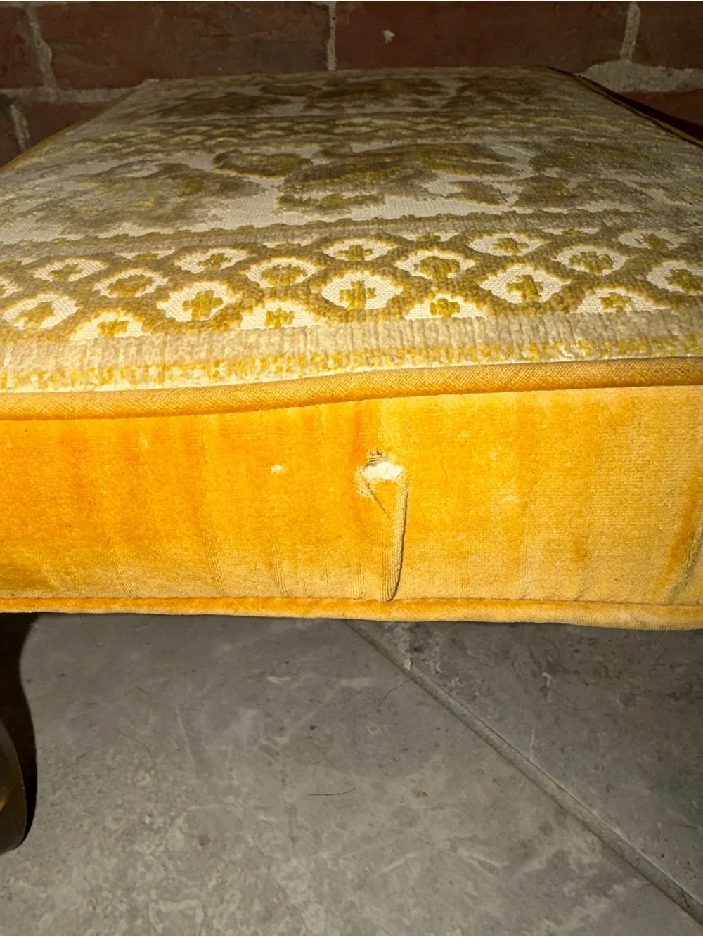 MCM‎ Small Gold Cut Velvet Brass Leg Footstool Ottoman